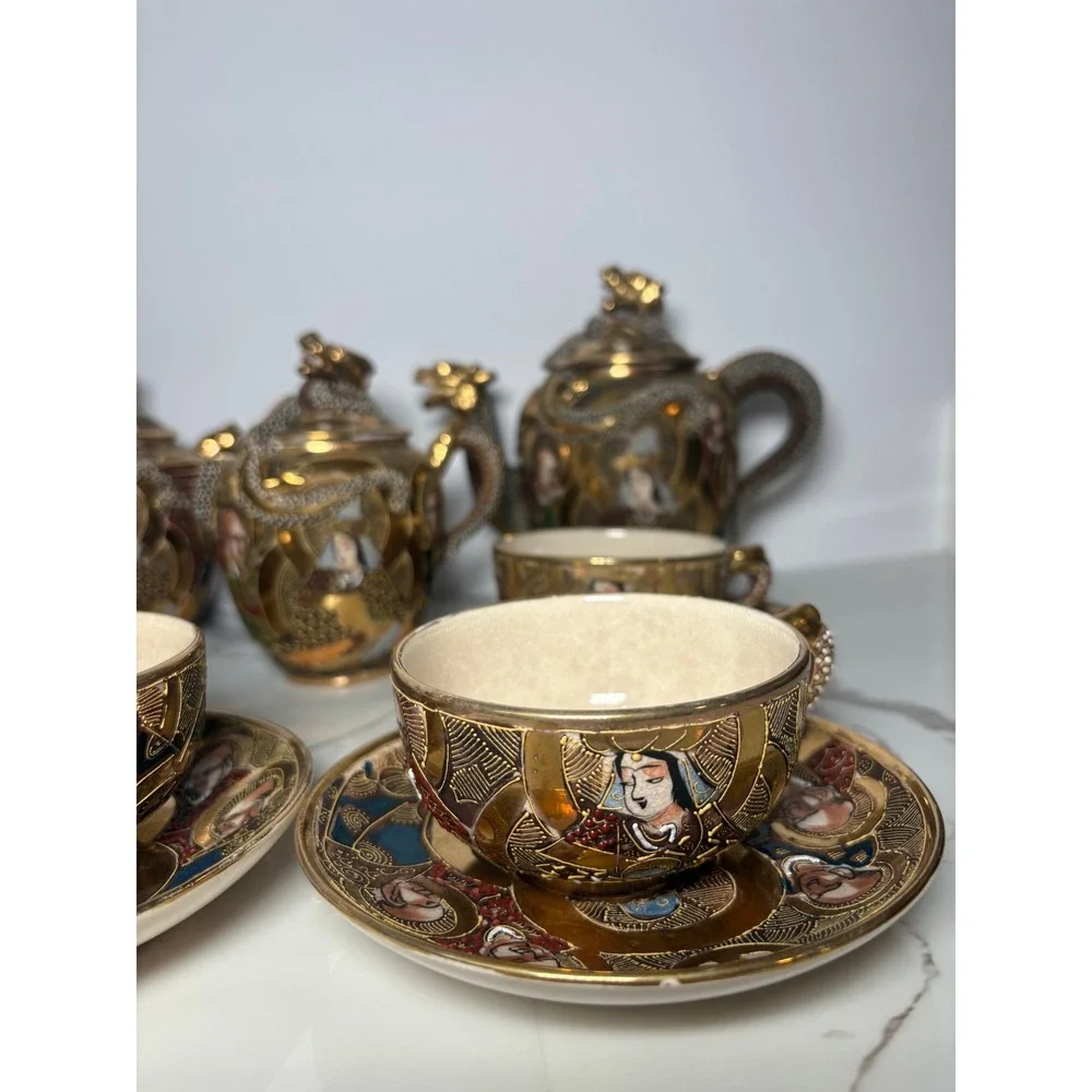 Vintage Japanese Satsuma Moriage Dragon Tea Set‎ Hand Painted Gold Gilt 11pc